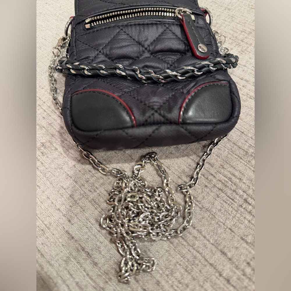 MZ WALLACE Black, Quilted Micro Crosby Crossbody Phone Bag with Silver Chain - Picture 14 of 16